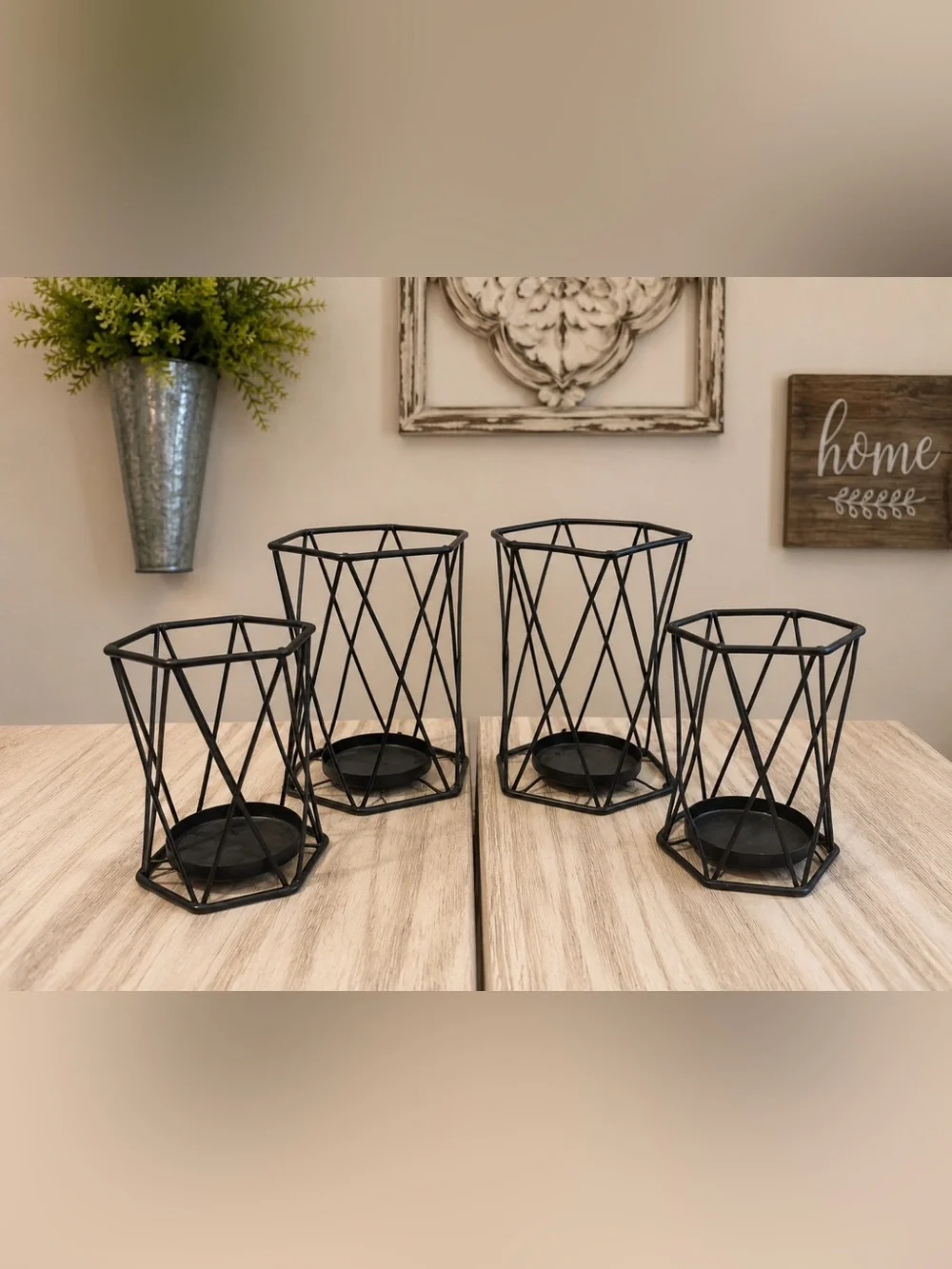 Set of 4 Black Metal Geometric Candle Holders Modern Farmhouse Decor